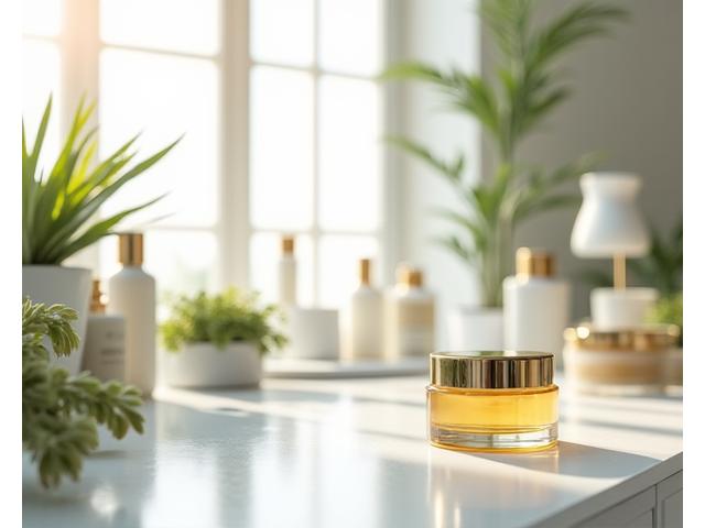 Vue d'un atelier de formulation cosmétique moderne et élégant à Paris, avec des ingrédients naturels et des outils de laboratoire.