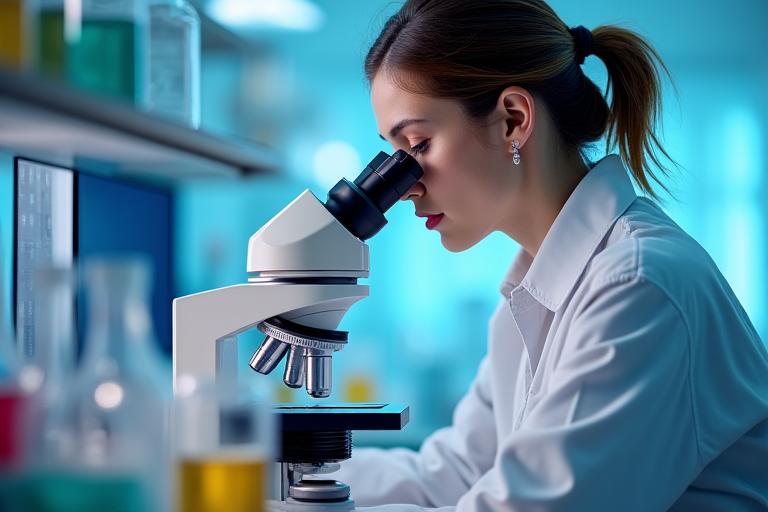 Un technicien de laboratoire effectuant des tests avec des éprouvettes et un microscope, pour le contrôle qualité.