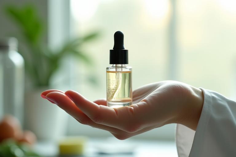 Une main tenant une fiole de laboratoire avec des herbes pour la recherche et le développement.