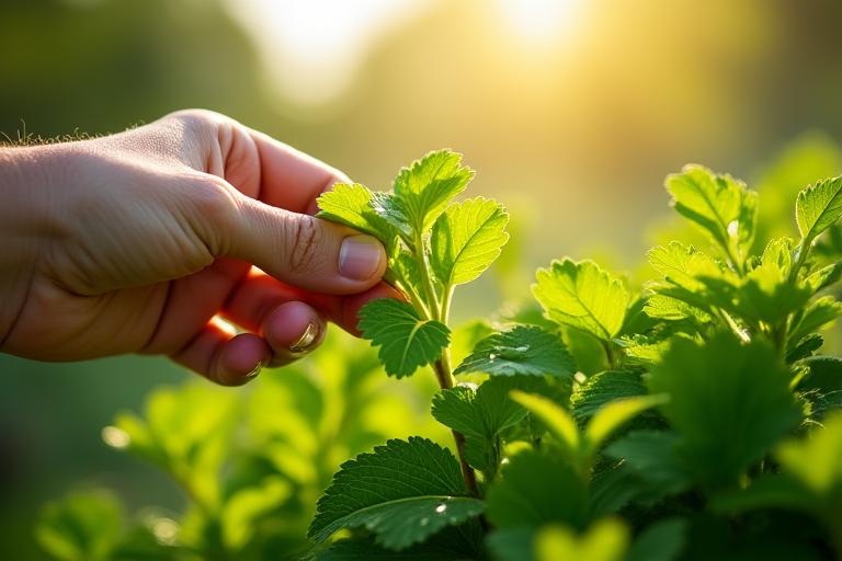 Des ingrédients botaniques frais et une main ramassant une feuille, symbolisant le sourcing éthique.